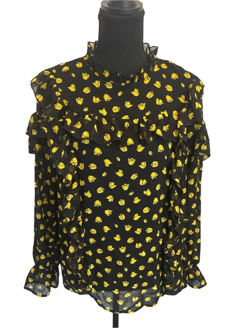 Who What Wear Romantic Black Blouse with Yellow Tulip Print and Ruffles M